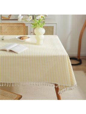 NEW Striped 36” square, cotton blend tablecloth. Yellow & White